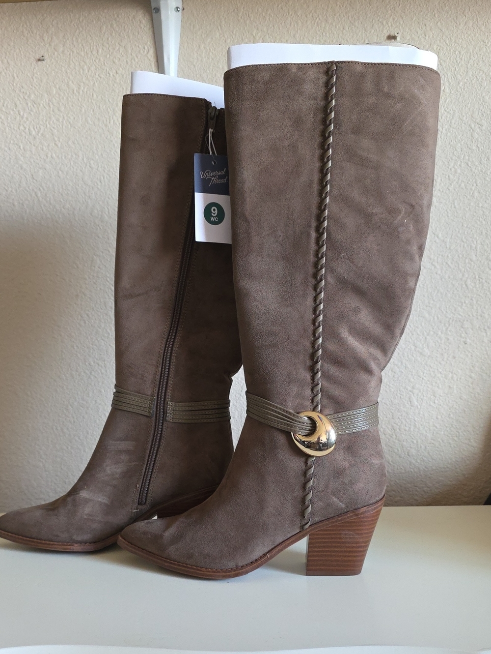 Universal Thread Dark Taupe Suede Mid-Calf Heel Boots with Wrap Strap